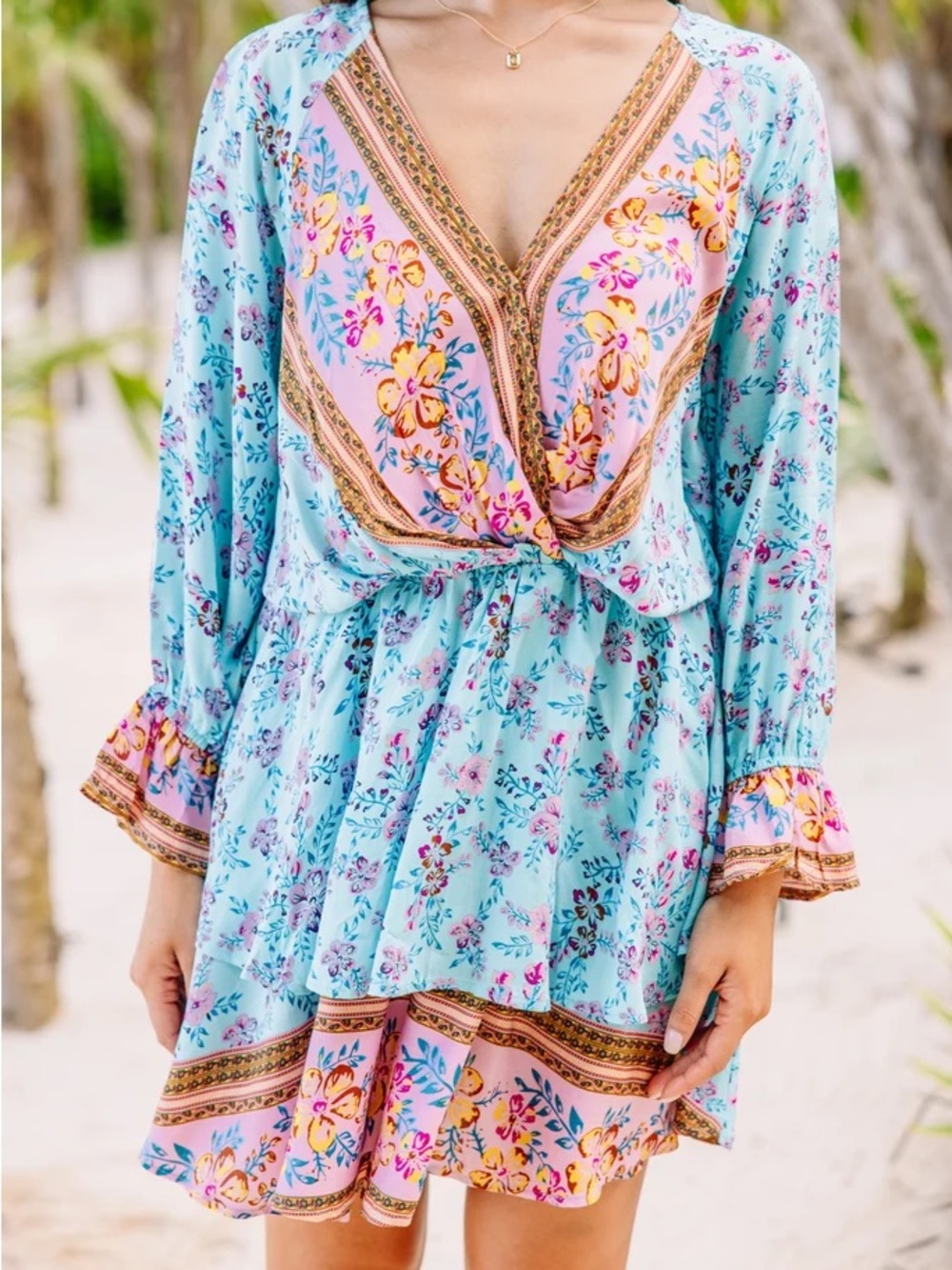 Umgee Aqua and Pink Floral Mini Dress M